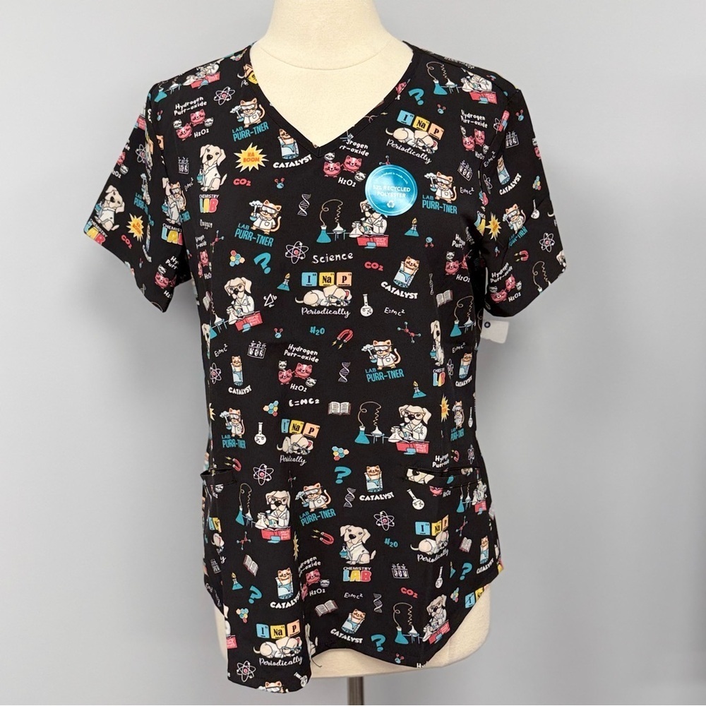 NWT Cherokee Lab Pets Scrub Top XS Black Scrubs Cats Dogs Nurse Vet Uniform
